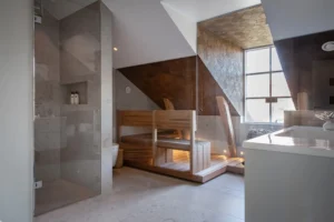 Badrum med bastudel.